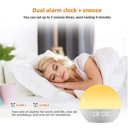 The rising sun's light wakes up the bedside lamp