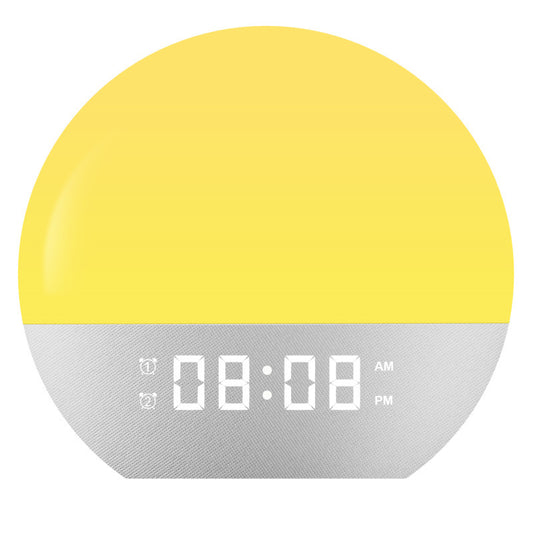 The rising sun's light wakes up the bedside lamp